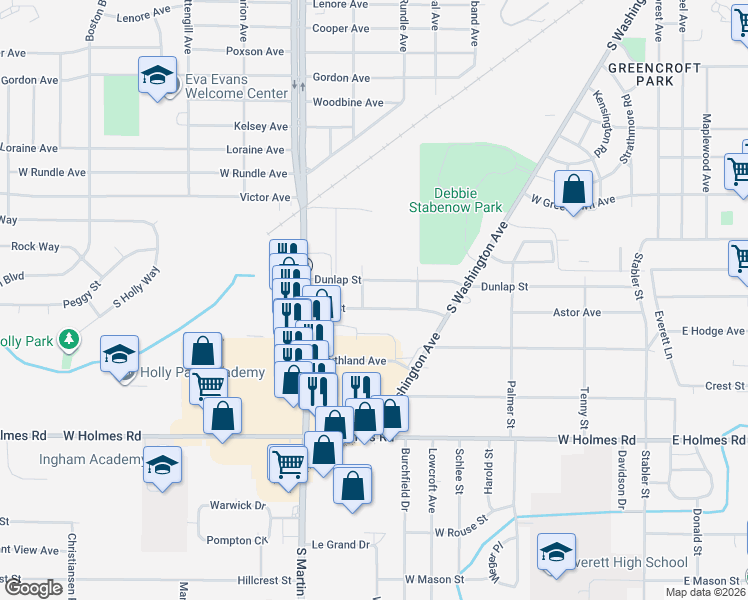 map of restaurants, bars, coffee shops, grocery stores, and more near 807 Dunlap Street in Lansing