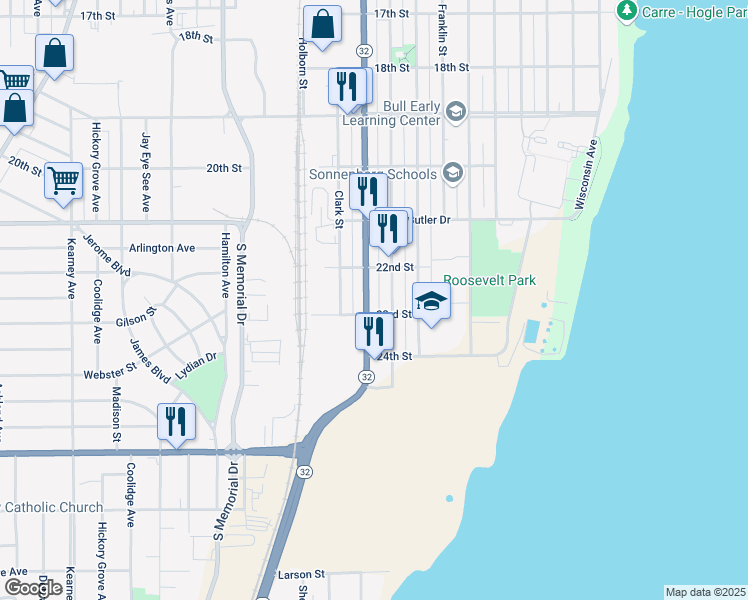 map of restaurants, bars, coffee shops, grocery stores, and more near 2235 Racine Street in Mount Pleasant