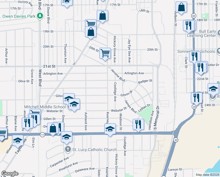 map of restaurants, bars, coffee shops, grocery stores, and more near 2320 Coolidge Avenue in Racine