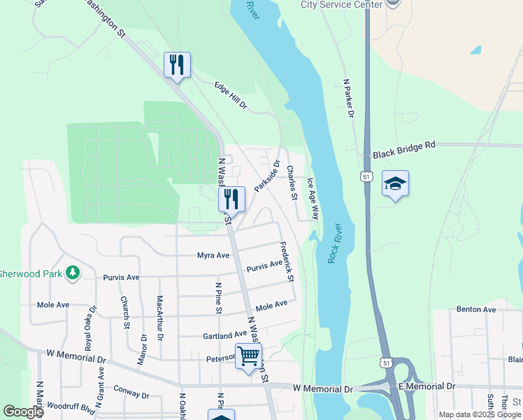 map of restaurants, bars, coffee shops, grocery stores, and more near 1400 Hamilton Avenue in Janesville