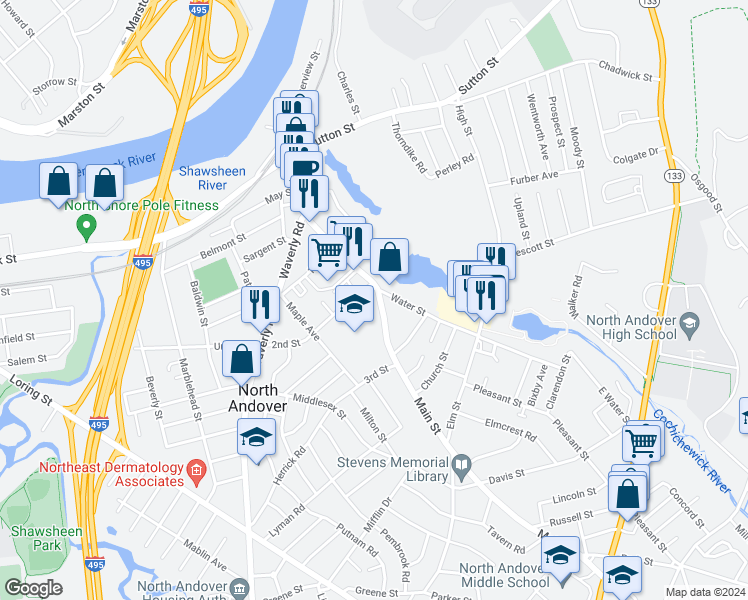 map of restaurants, bars, coffee shops, grocery stores, and more near 159 Main Street in North Andover