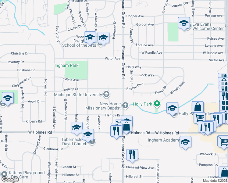 map of restaurants, bars, coffee shops, grocery stores, and more near 2231 Dunlap Street in Lansing