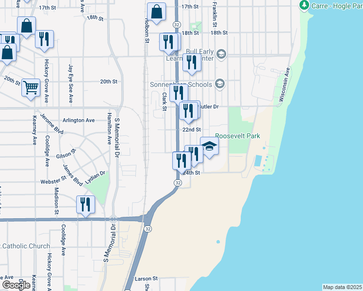 map of restaurants, bars, coffee shops, grocery stores, and more near 2235 Racine Street in Mount Pleasant
