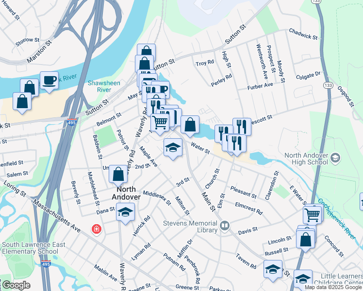 map of restaurants, bars, coffee shops, grocery stores, and more near 175 Main Street in North Andover