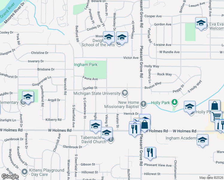 map of restaurants, bars, coffee shops, grocery stores, and more near 2603 Dunlap Street in Lansing