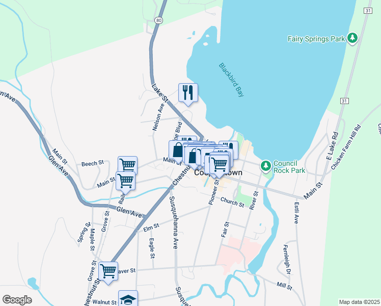 map of restaurants, bars, coffee shops, grocery stores, and more near 12 Chestnut St in Cooperstown