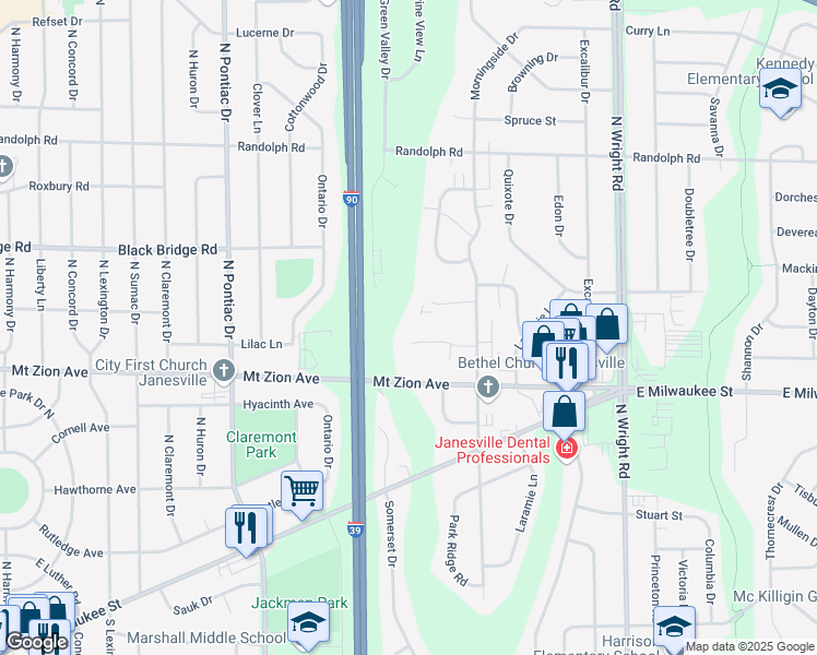 map of restaurants, bars, coffee shops, grocery stores, and more near 3101 Village Court in Janesville