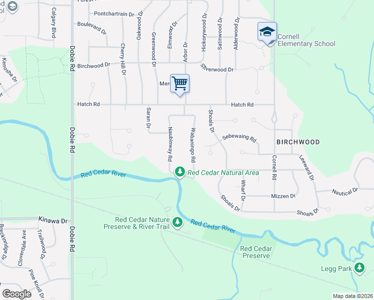 map of restaurants, bars, coffee shops, grocery stores, and more near 4151 Wabaningo Road in Meridian charter Township