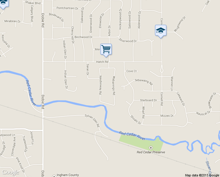 map of restaurants, bars, coffee shops, grocery stores, and more near 4151 Wabaningo Road in Meridian Charter Township