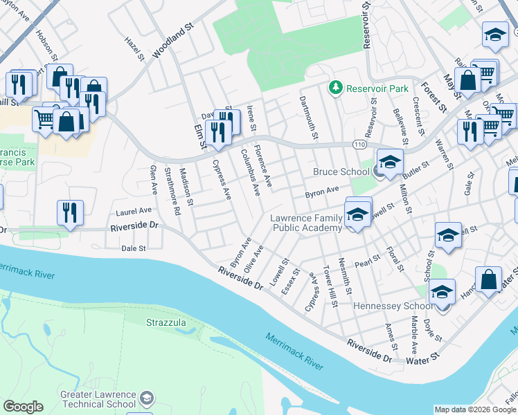 map of restaurants, bars, coffee shops, grocery stores, and more near 8 Columbus Avenue in Lawrence