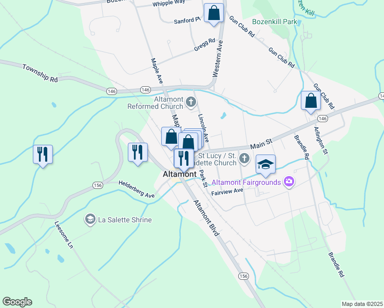 map of restaurants, bars, coffee shops, grocery stores, and more near 106 Maple Avenue in Altamont
