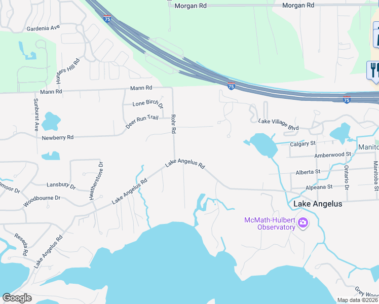 map of restaurants, bars, coffee shops, grocery stores, and more near 1360 North Lake Angelus Road in Auburn Hills