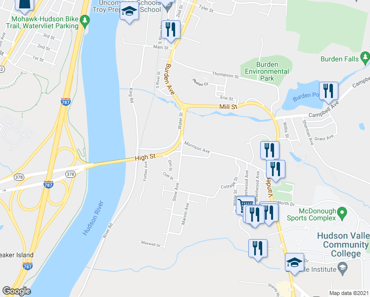 map of restaurants, bars, coffee shops, grocery stores, and more near 8 Stow Avenue in Troy