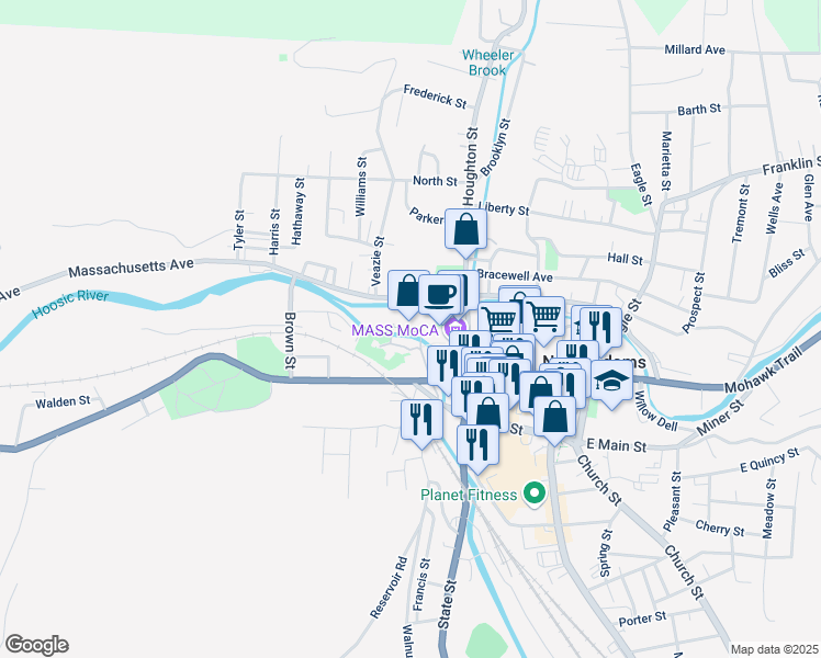 map of restaurants, bars, coffee shops, grocery stores, and more near 1040 Mass MoCA Way in North Adams