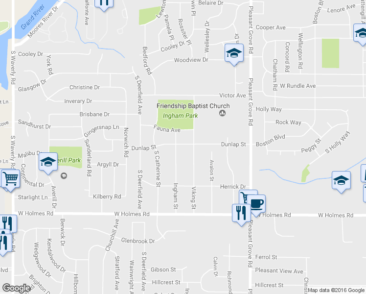 map of restaurants, bars, coffee shops, grocery stores, and more near 2805 Dunlap St in Lansing