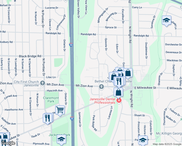 map of restaurants, bars, coffee shops, grocery stores, and more near 3121 Village Court in Janesville