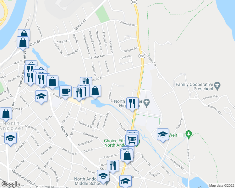 map of restaurants, bars, coffee shops, grocery stores, and more near 9 Walker Road in North Andover