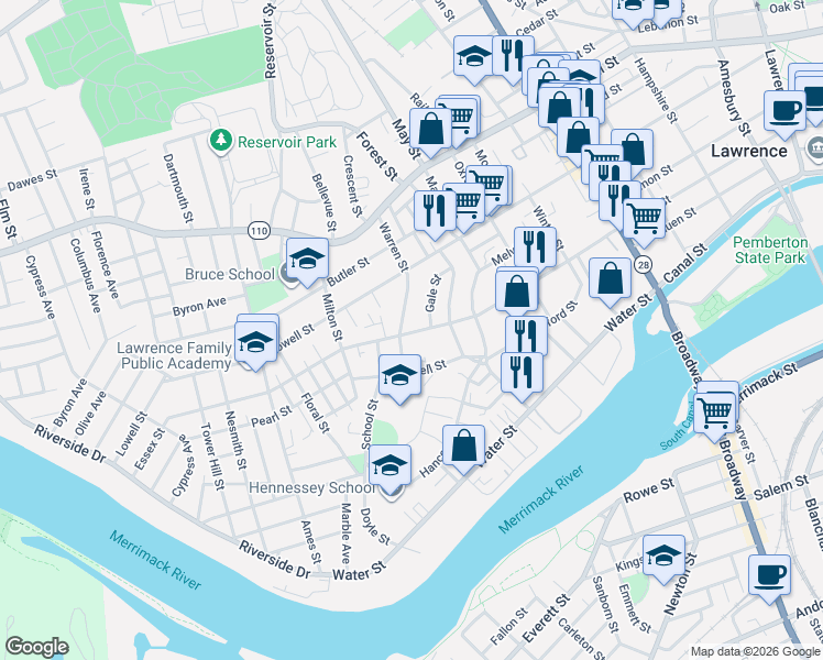 map of restaurants, bars, coffee shops, grocery stores, and more near 25 Warren Street in Lawrence