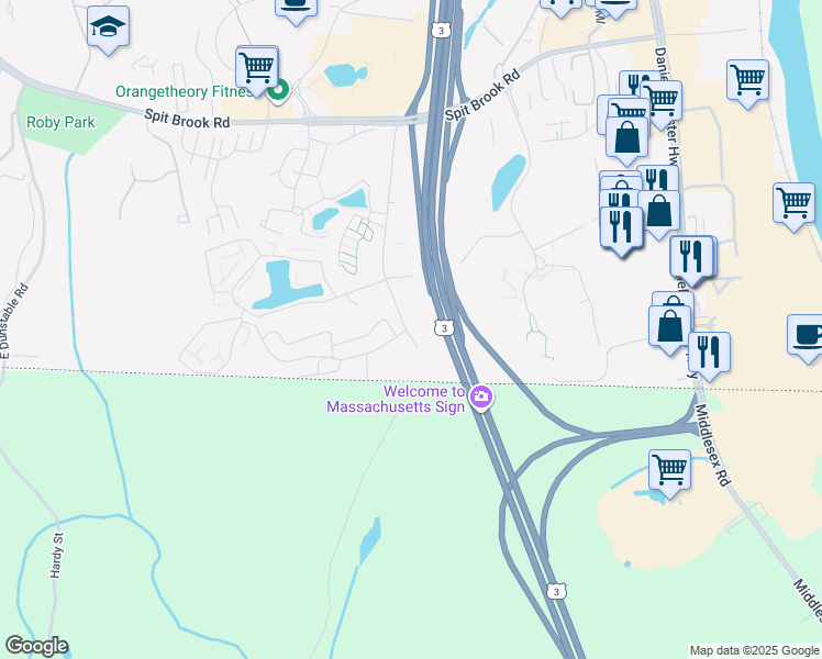 map of restaurants, bars, coffee shops, grocery stores, and more near 500 Brook Village Road in Nashua