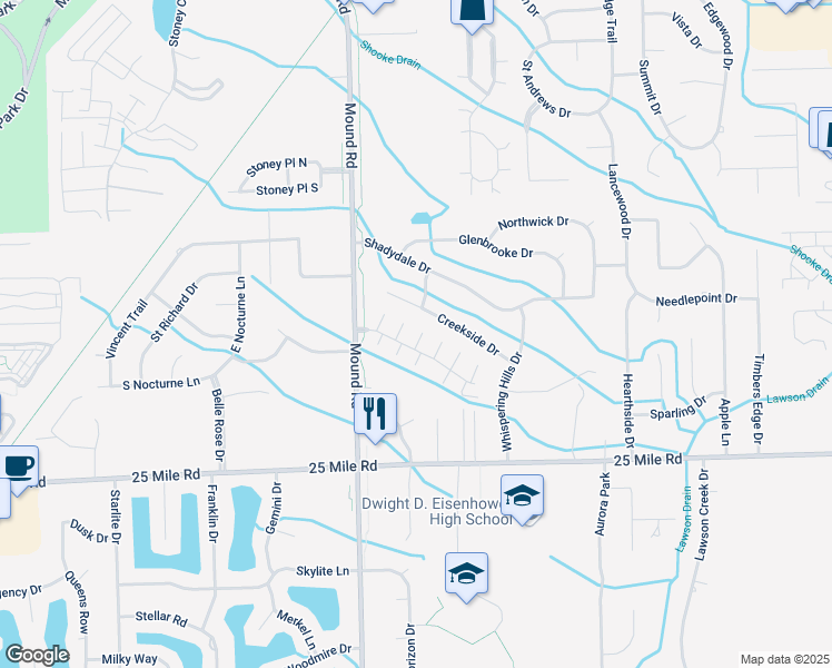 map of restaurants, bars, coffee shops, grocery stores, and more near 6157 Windemere Drive in Macomb County