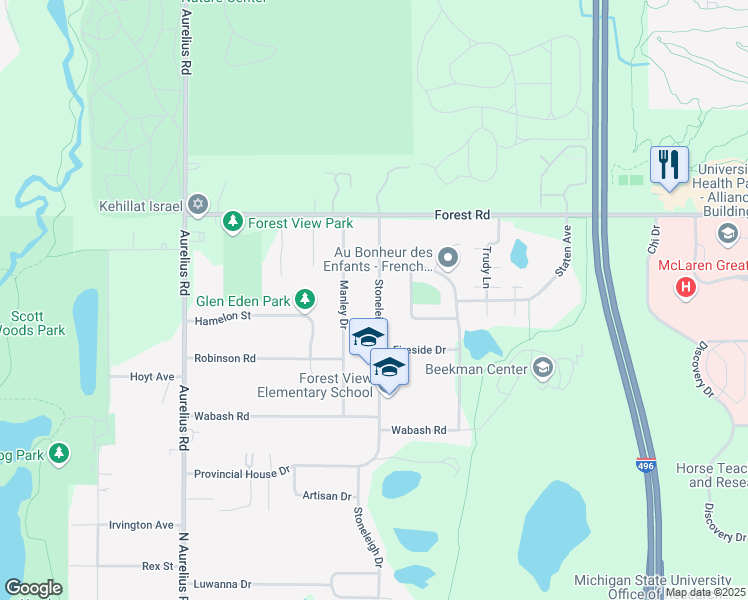 map of restaurants, bars, coffee shops, grocery stores, and more near 2903 Stoneleigh Drive in Lansing