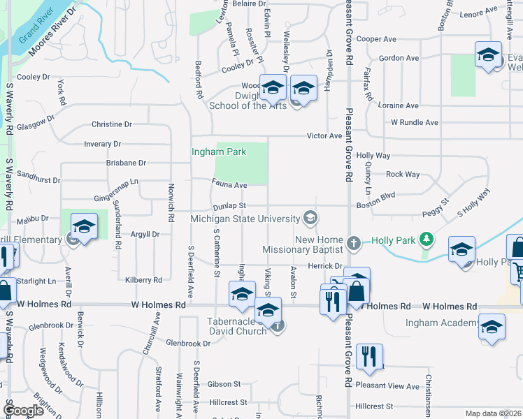 map of restaurants, bars, coffee shops, grocery stores, and more near 2805 Dunlap Street in Lansing