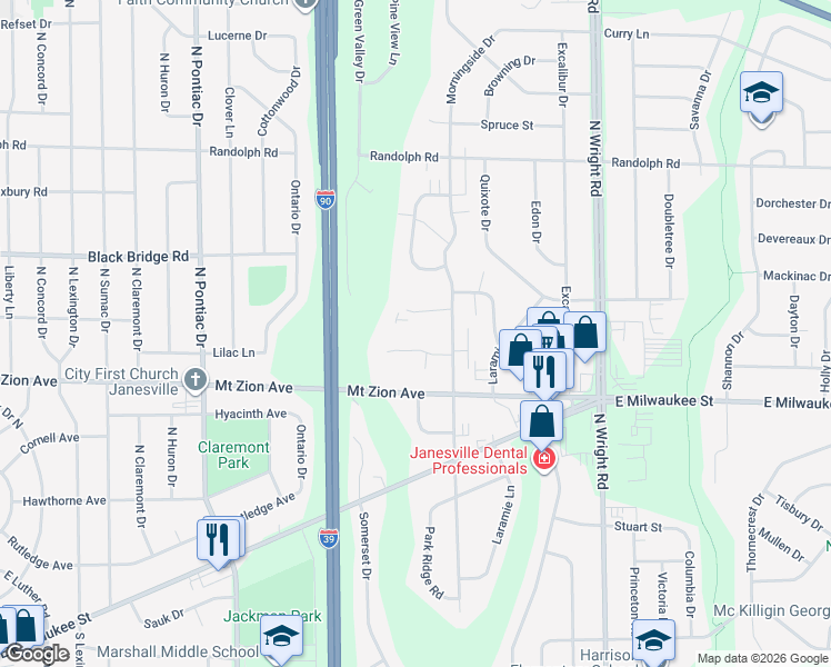map of restaurants, bars, coffee shops, grocery stores, and more near 3121 Village Court in Janesville