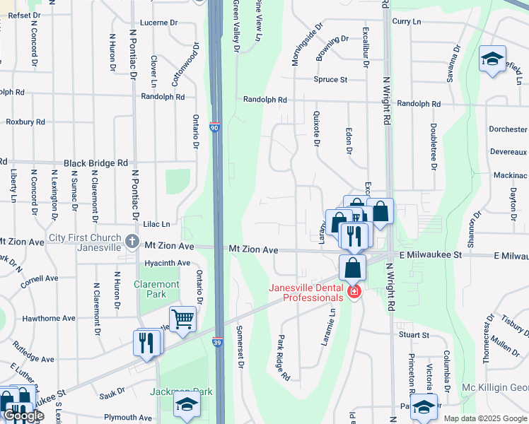 map of restaurants, bars, coffee shops, grocery stores, and more near 3101 Village Court in Janesville