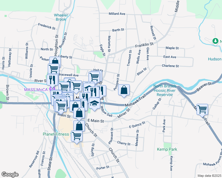 map of restaurants, bars, coffee shops, grocery stores, and more near 47 Prospect Street in North Adams