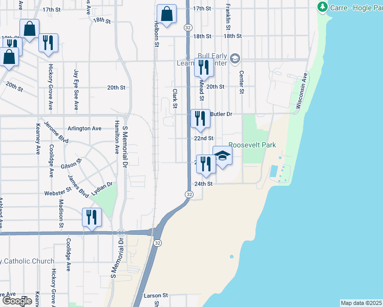 map of restaurants, bars, coffee shops, grocery stores, and more near 2235 Racine Street in Mount Pleasant