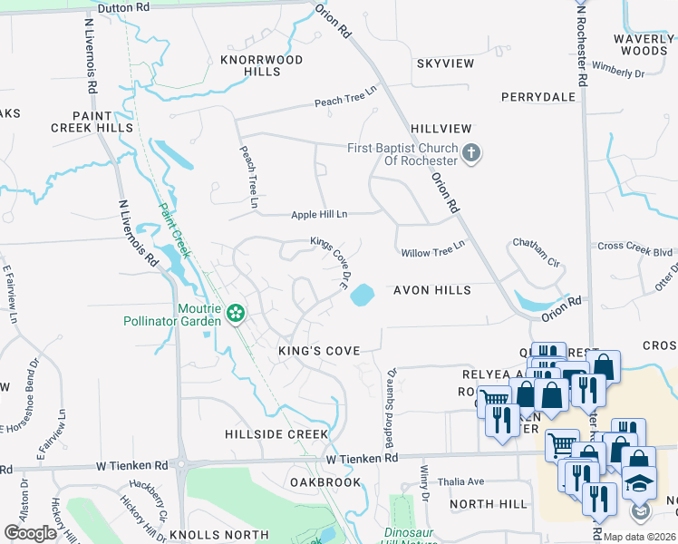 map of restaurants, bars, coffee shops, grocery stores, and more near 581 Poplar Court in Rochester Hills