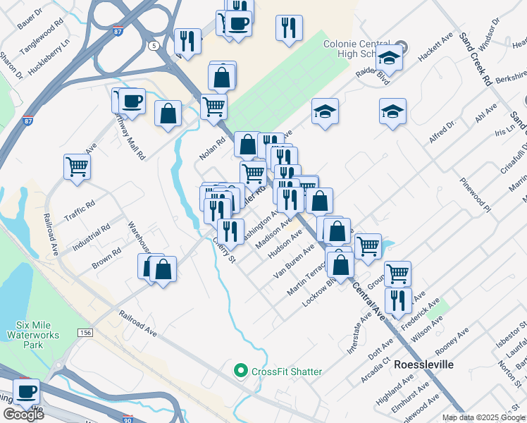 map of restaurants, bars, coffee shops, grocery stores, and more near 5 Oak Street in Albany