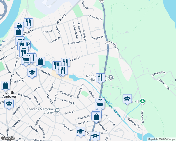 map of restaurants, bars, coffee shops, grocery stores, and more near 5 Walker Road in North Andover