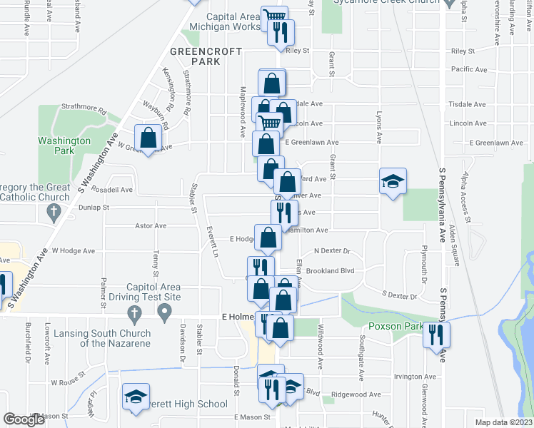 map of restaurants, bars, coffee shops, grocery stores, and more near 413 Paris Avenue in Lansing