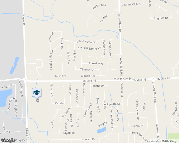 map of restaurants, bars, coffee shops, grocery stores, and more near 16130 Thames Lane in Macomb