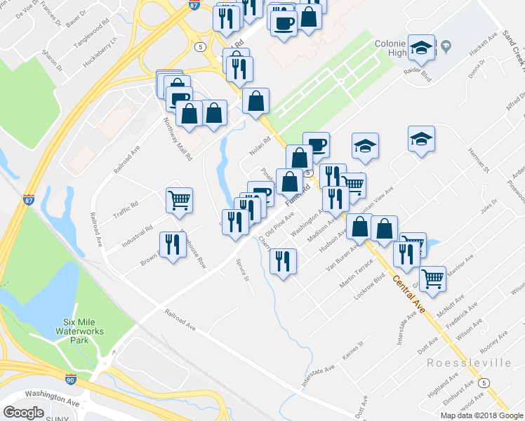 map of restaurants, bars, coffee shops, grocery stores, and more near 2 Katherine Road in Albany