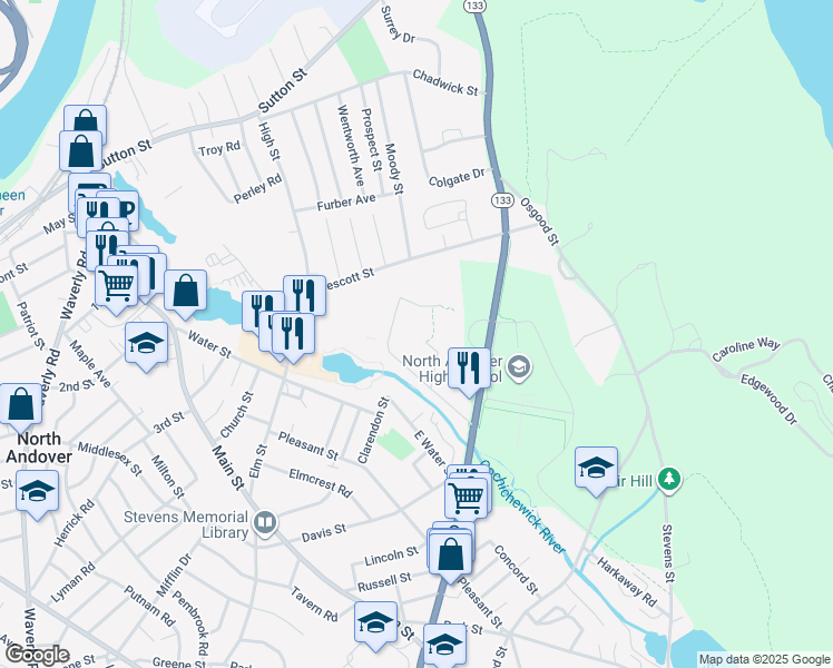 map of restaurants, bars, coffee shops, grocery stores, and more near 9 Walker Road in North Andover