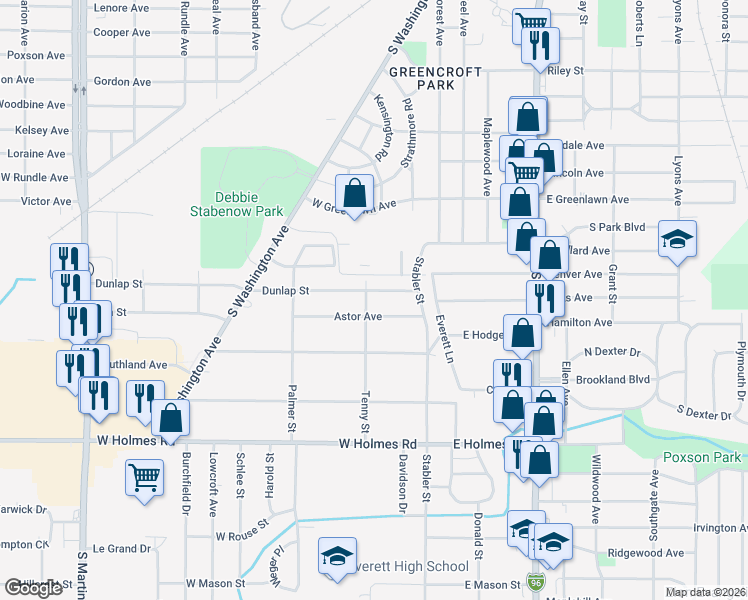 map of restaurants, bars, coffee shops, grocery stores, and more near 225 Dunlap Street in Lansing
