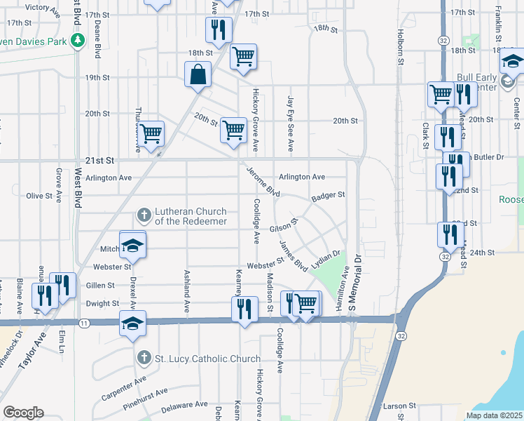 map of restaurants, bars, coffee shops, grocery stores, and more near 2320 Coolidge Avenue in Racine