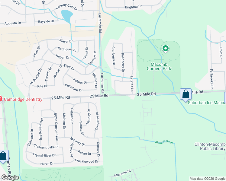 map of restaurants, bars, coffee shops, grocery stores, and more near 18825 25 Mile Rd in Macomb