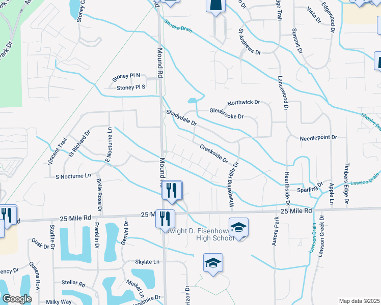 map of restaurants, bars, coffee shops, grocery stores, and more near 6157 Windemere Drive in Macomb County