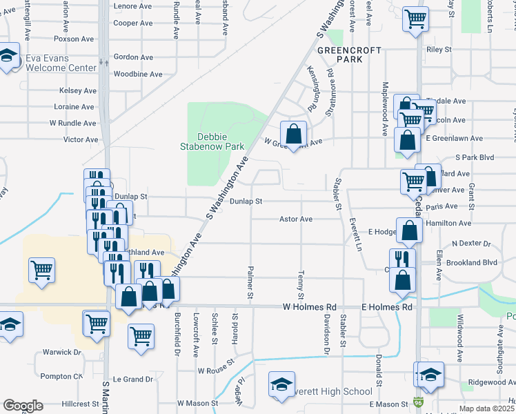 map of restaurants, bars, coffee shops, grocery stores, and more near 427 Dunlap Street in Lansing
