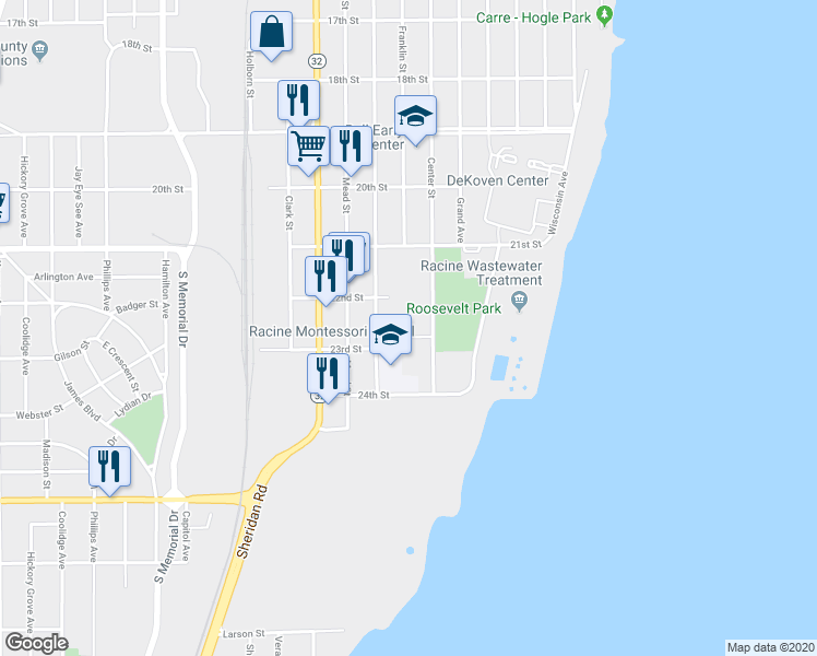 map of restaurants, bars, coffee shops, grocery stores, and more near 824 Valerie Court in Racine