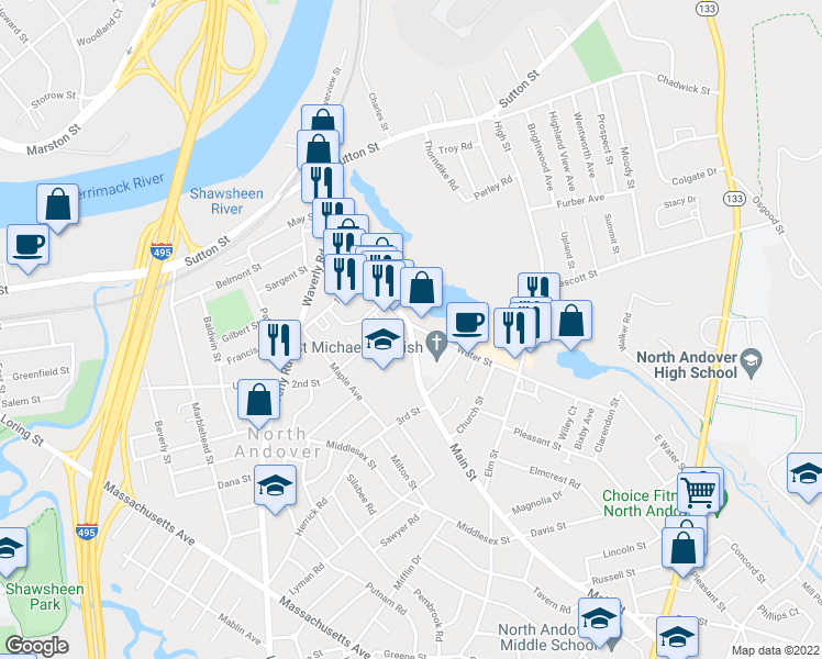 map of restaurants, bars, coffee shops, grocery stores, and more near 173 Main Street in North Andover