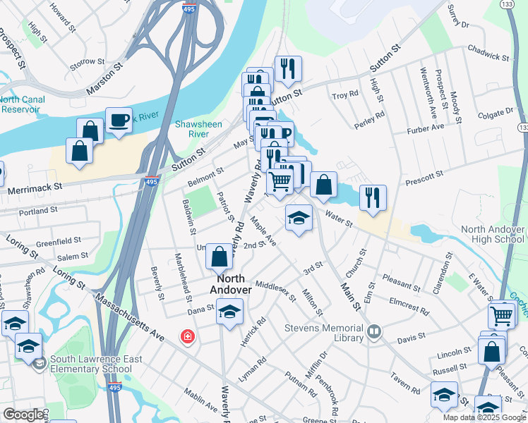 map of restaurants, bars, coffee shops, grocery stores, and more near 8a Bingham Way in North Andover