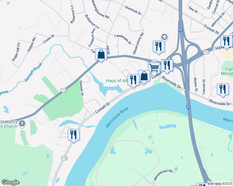 map of restaurants, bars, coffee shops, grocery stores, and more near 487 Lowell Street in Methuen