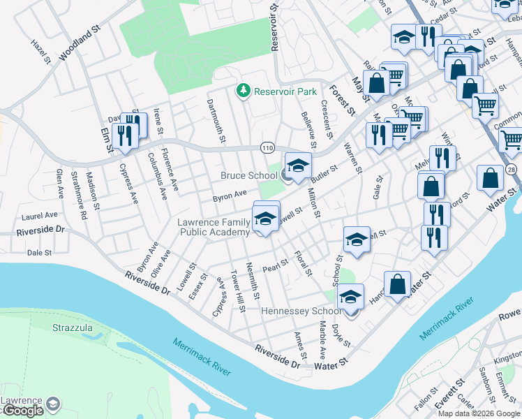 map of restaurants, bars, coffee shops, grocery stores, and more near 272 Ames Street in Lawrence