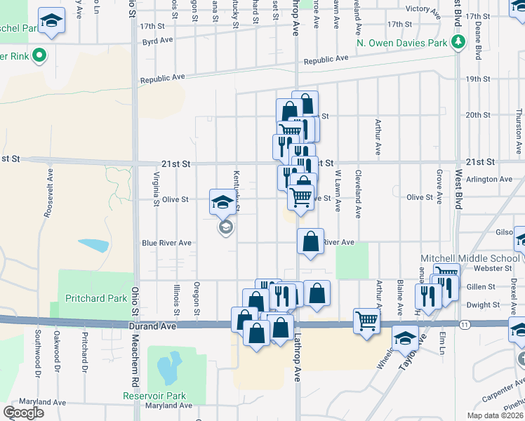 map of restaurants, bars, coffee shops, grocery stores, and more near 2317 Orchard Street in Racine