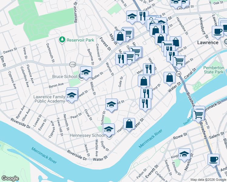 map of restaurants, bars, coffee shops, grocery stores, and more near 25 Warren Street in Lawrence