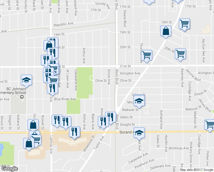 map of restaurants, bars, coffee shops, grocery stores, and more near 2318 Grove Ave in Racine